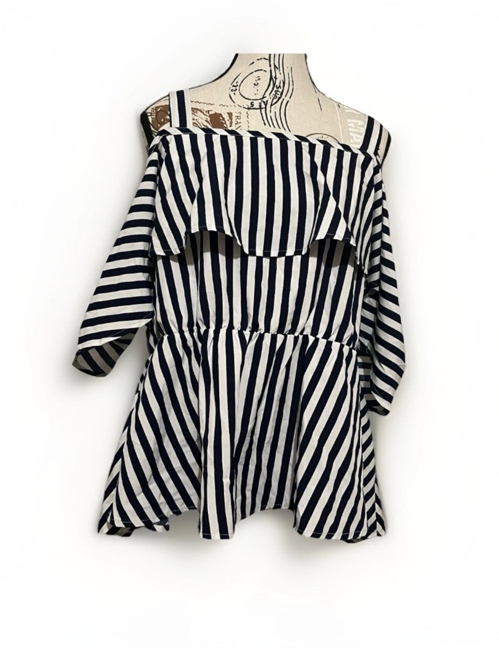 SHEIN Black White Striped Cold Shoulder Blouse Ruffle Waist Peplum Shirt  4XL